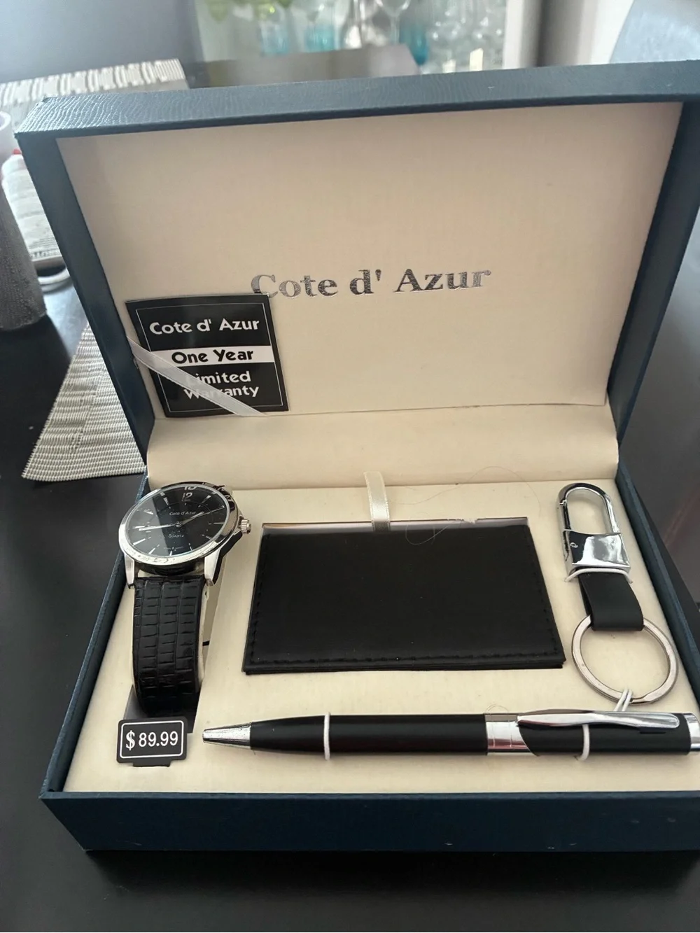 Cote d'Azar Men's Black Watch Gift Set with Wallet, Keychain & Pen